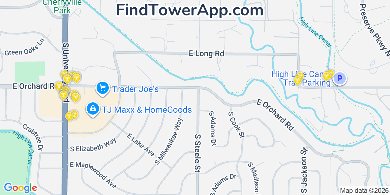 Map showing the 20 primary cell tower locations detected in Greenwood Village, Colorado from AT&T, Verizon, and T-Mobile networks