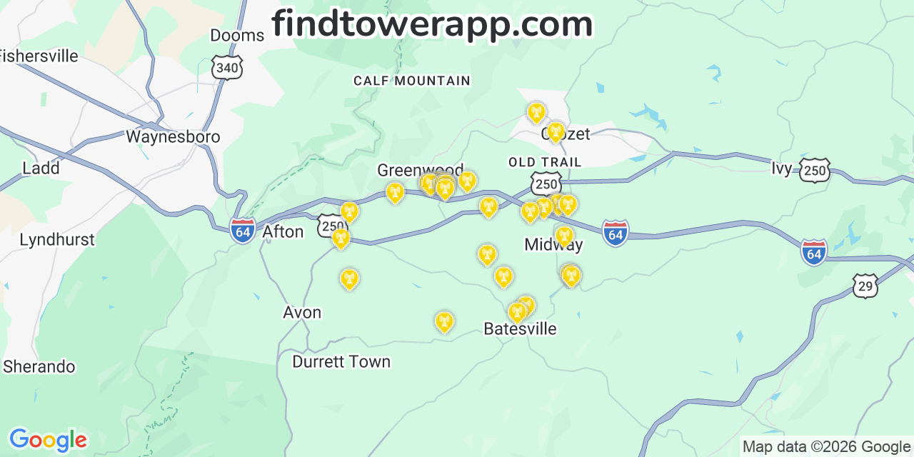 Map showing the 30 primary AT&T cell tower locations detected in Greenwood, Virginia with coverage radius and signal strength indicators