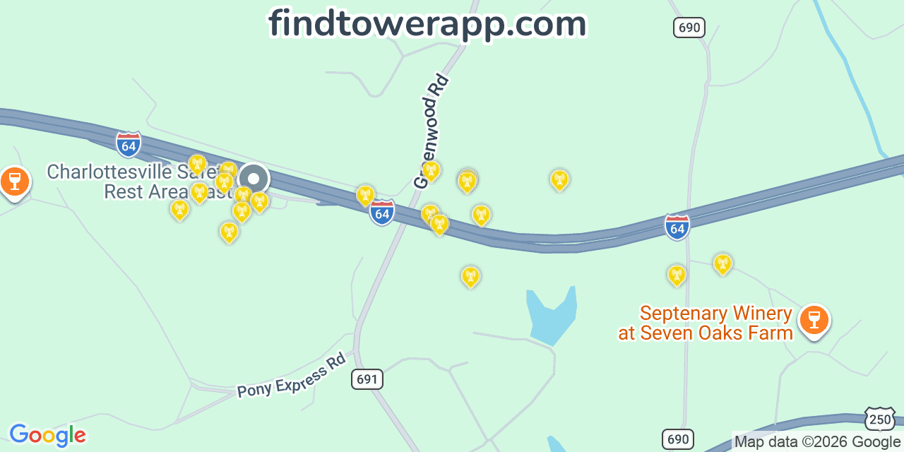 Map showing the 20 primary cell tower locations detected in Greenwood, Virginia from AT&T, Verizon, and T-Mobile networks