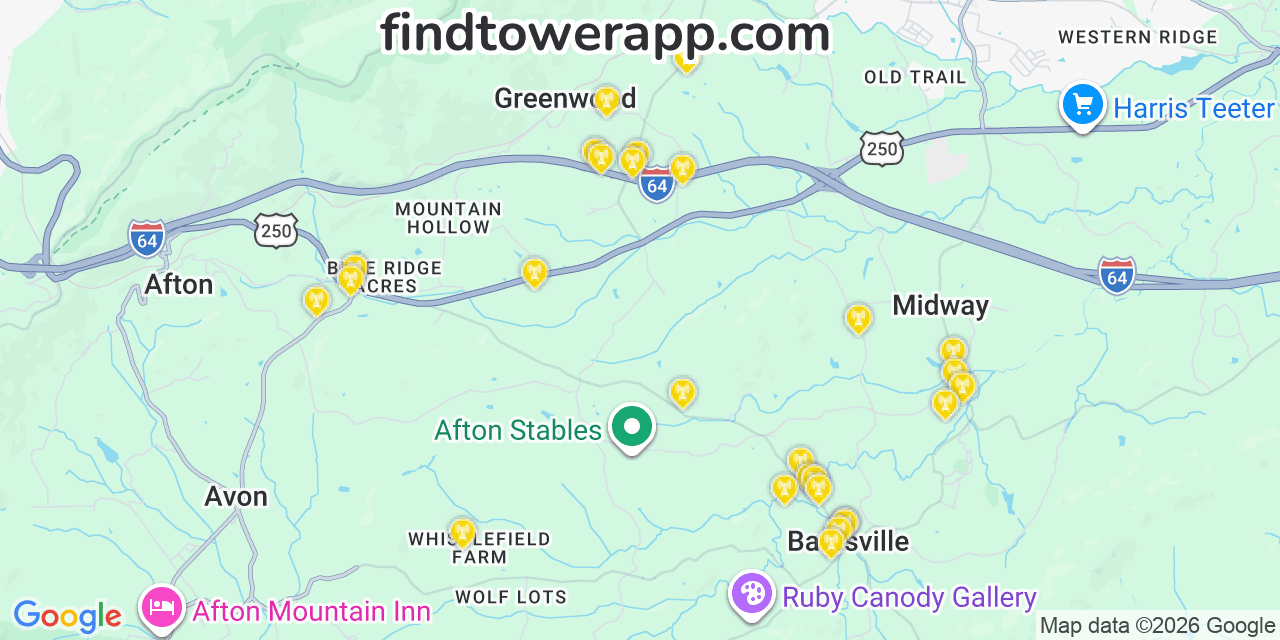 Map showing the 27 primary T-Mobile cell tower locations detected in Greenwood, Virginia with coverage radius and signal strength indicators