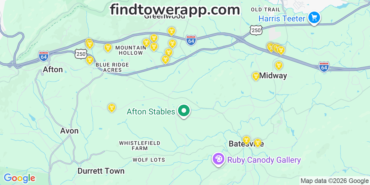 Map showing the 21 primary Verizon cell tower locations detected in Greenwood, Virginia with coverage radius and signal strength indicators
