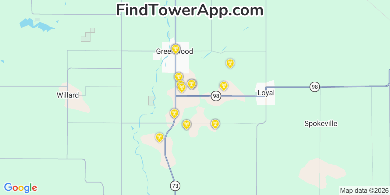 Map showing the 20 primary cell tower locations detected in Greenwood, Wisconsin from AT&T, Verizon, and T-Mobile networks