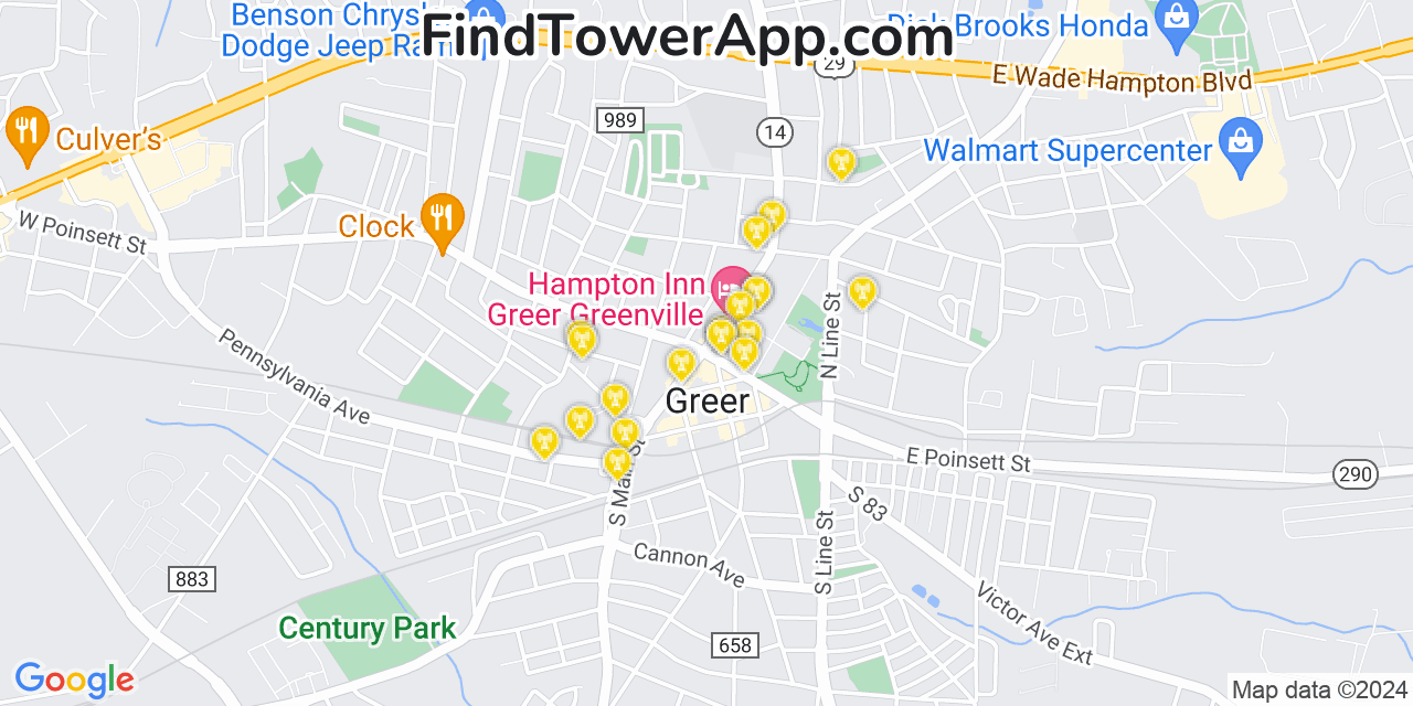 AT&T 4G/5G cell tower coverage map Greer, South Carolina