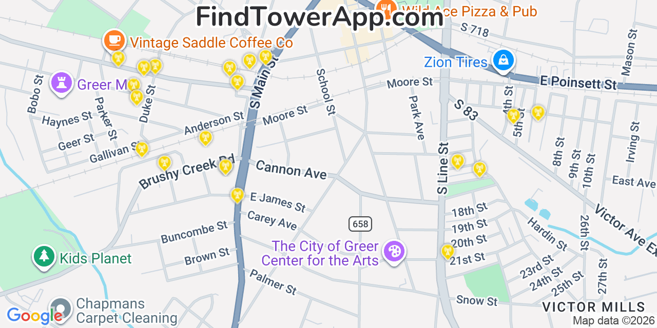 Map showing the 20 primary cell tower locations detected in Greer, South Carolina from AT&T, Verizon, and T-Mobile networks