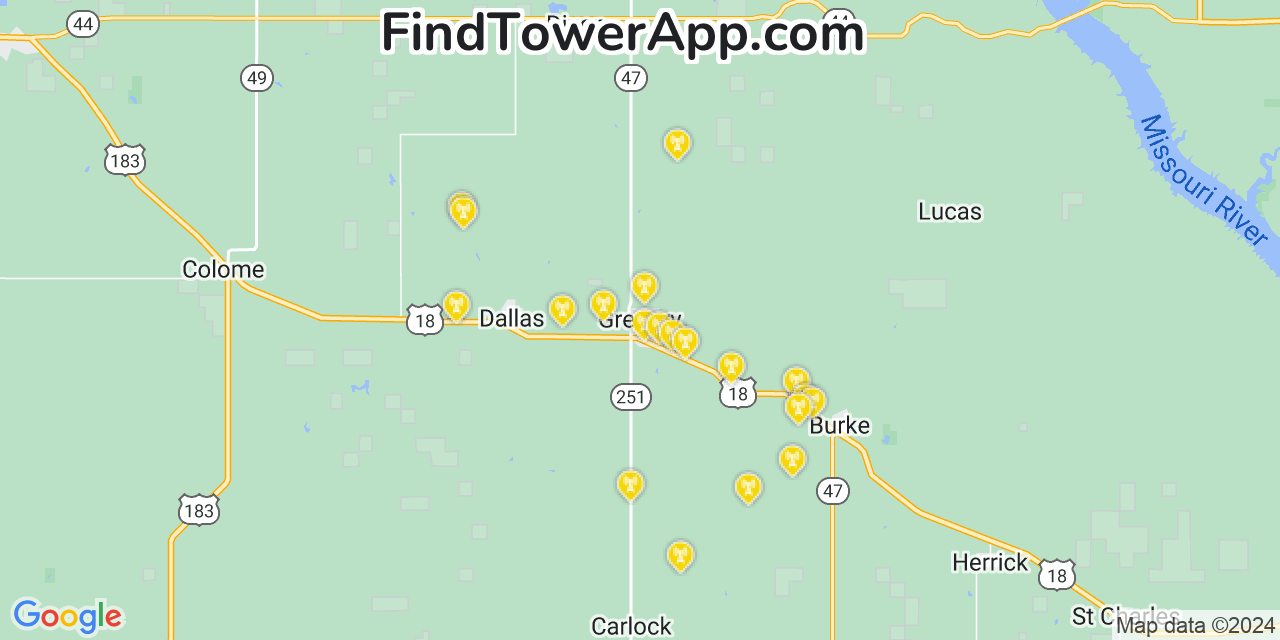 AT&T 4G/5G cell tower coverage map Gregory, South Dakota