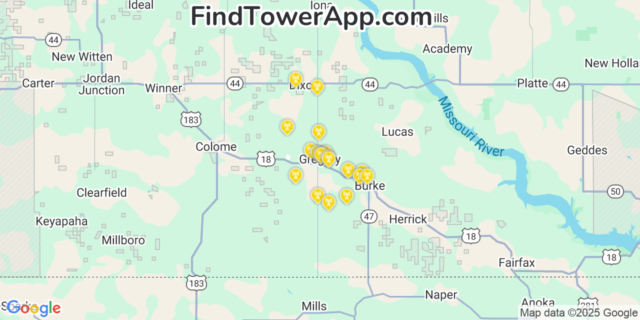 Map showing the 20 primary cell tower locations detected in Gregory, South Dakota from AT&T, Verizon, and T-Mobile networks