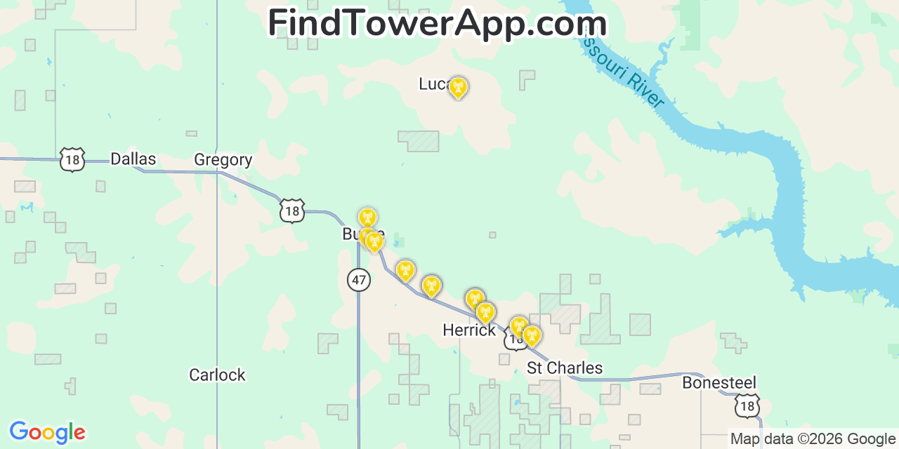 Map showing the 20 primary cell tower locations detected in Gregory, South Dakota from AT&T, Verizon, and T-Mobile networks
