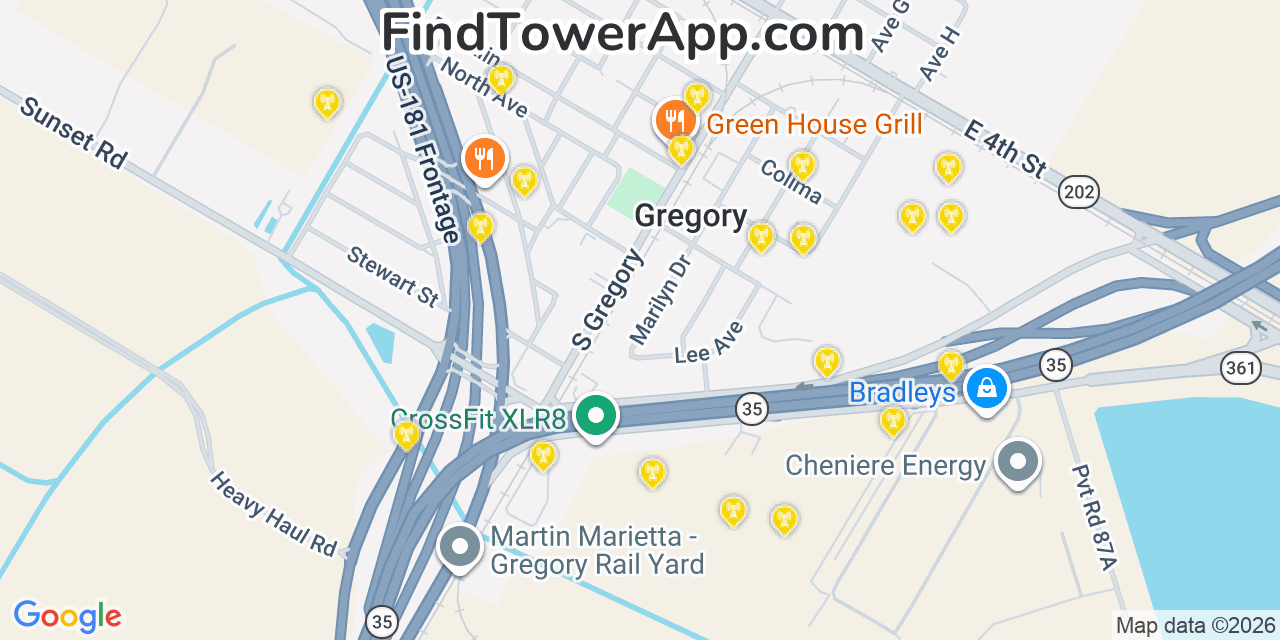 Map showing the 20 primary cell tower locations detected in Gregory, Texas from AT&T, Verizon, and T-Mobile networks