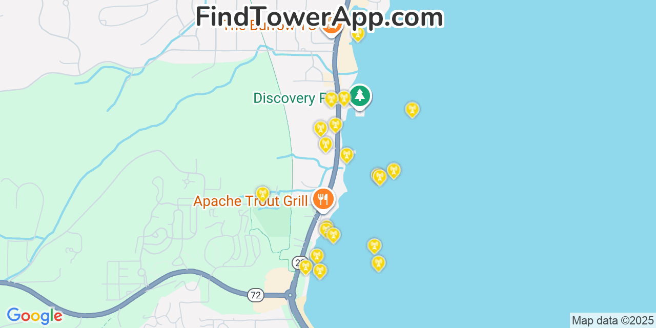 Map showing the 20 primary cell tower locations detected in Greilickville, Michigan from AT&T, Verizon, and T-Mobile networks