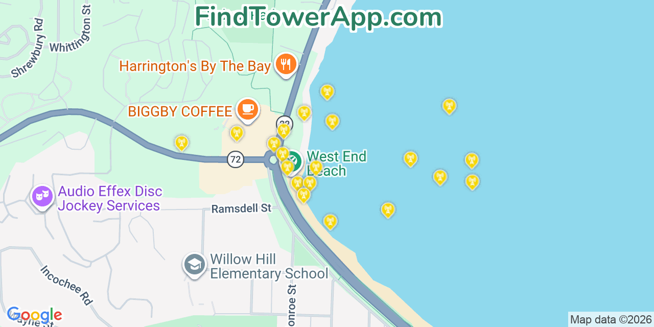 Map showing the 20 primary cell tower locations detected in Greilickville, Michigan from AT&T, Verizon, and T-Mobile networks