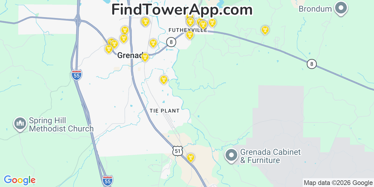 Map showing the 20 primary cell tower locations detected in Grenada, Mississippi from AT&T, Verizon, and T-Mobile networks
