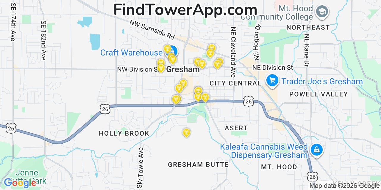 Map showing the 20 primary cell tower locations detected in Gresham, Oregon from AT&T, Verizon, and T-Mobile networks