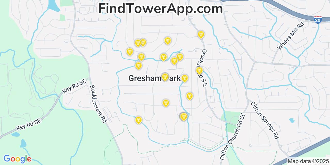 Map showing the 20 primary cell tower locations detected in Gresham Park, Georgia from AT&T, Verizon, and T-Mobile networks
