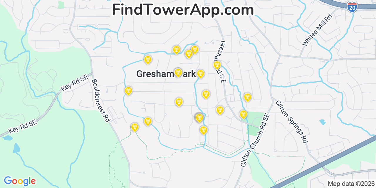 Map showing the 20 primary cell tower locations detected in Gresham Park, Georgia from AT&T, Verizon, and T-Mobile networks
