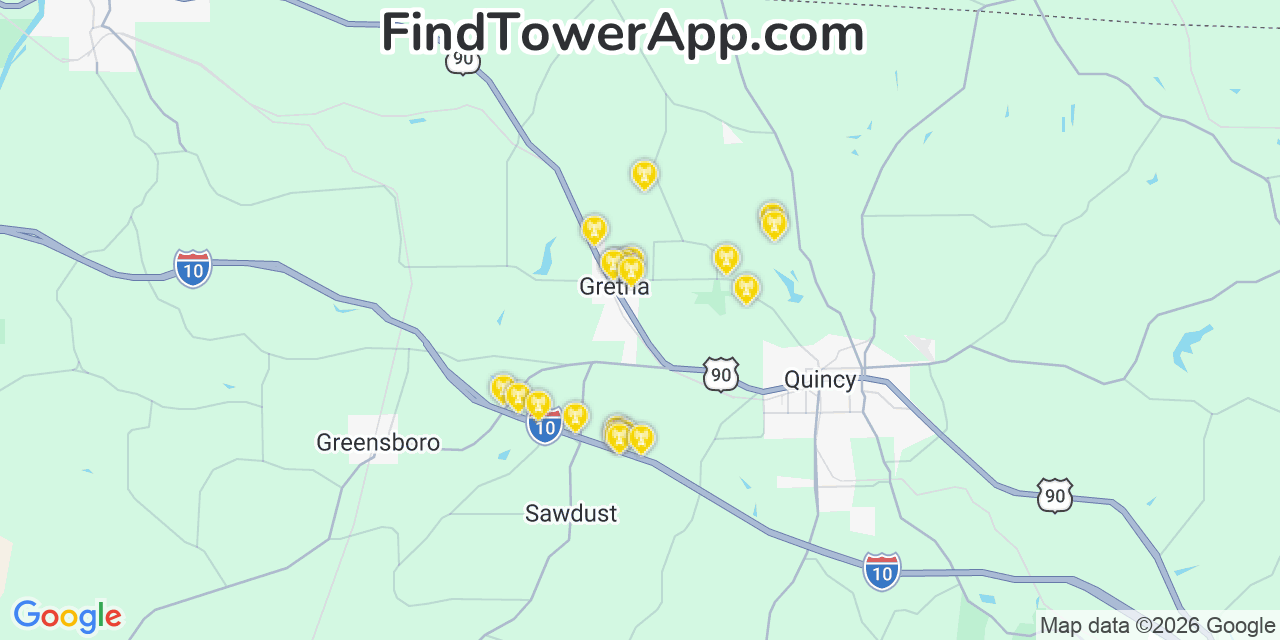 Map showing the 20 primary cell tower locations detected in Gretna, Florida from AT&T, Verizon, and T-Mobile networks