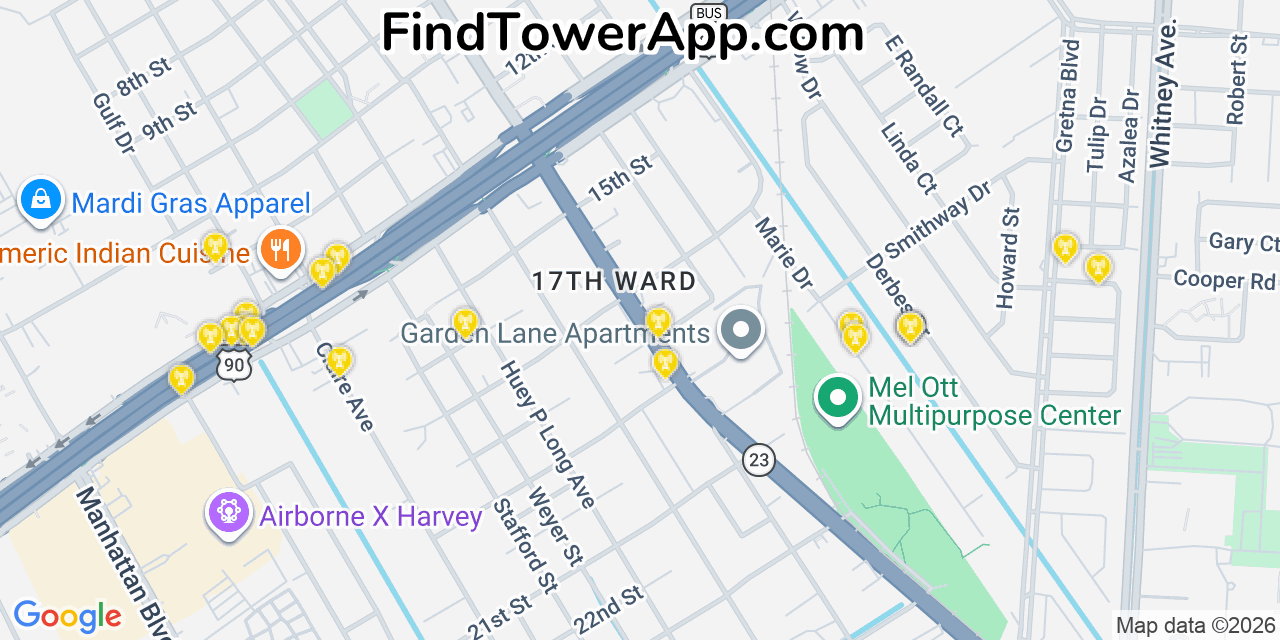 Map showing the 20 primary cell tower locations detected in Gretna, Louisiana from AT&T, Verizon, and T-Mobile networks