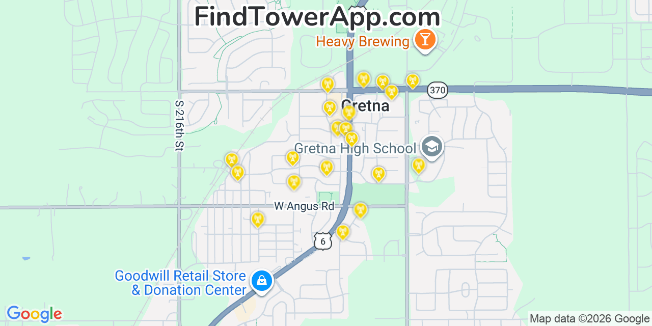 Map showing the 20 primary cell tower locations detected in Gretna, Nebraska from AT&T, Verizon, and T-Mobile networks