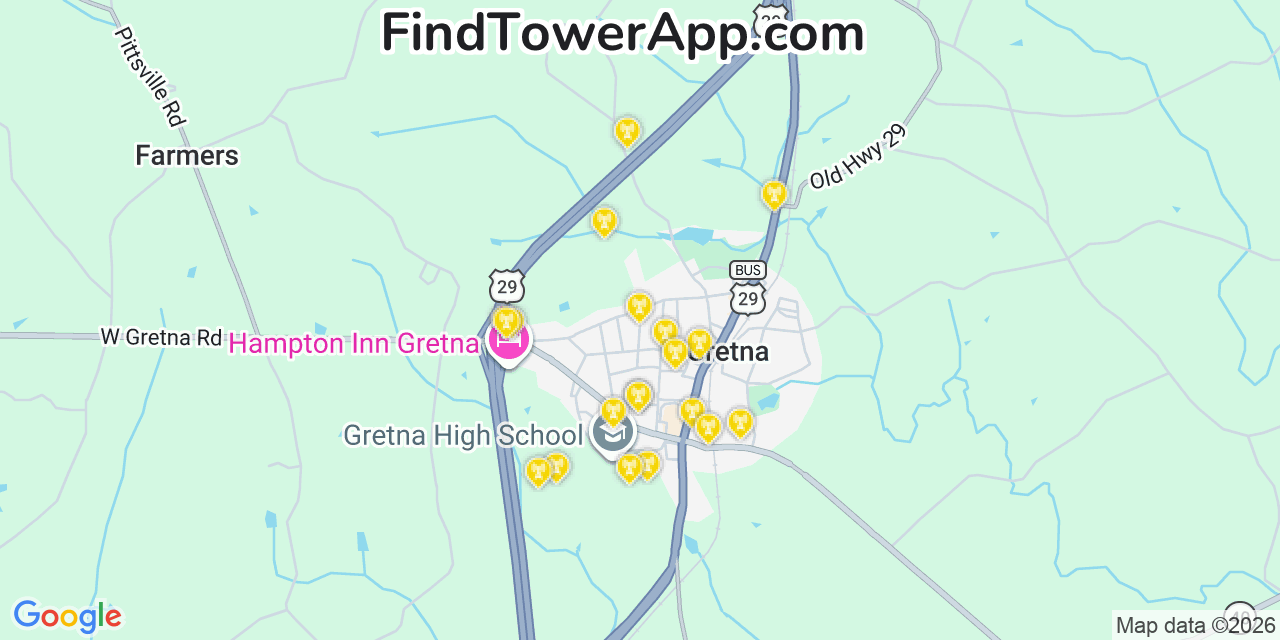 Map showing the 20 primary cell tower locations detected in Gretna, Virginia from AT&T, Verizon, and T-Mobile networks