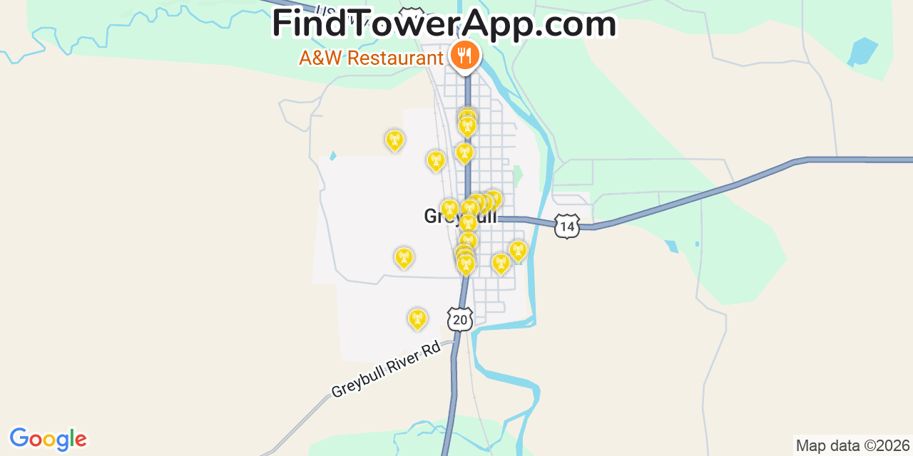 Map showing the 20 primary cell tower locations detected in Greybull, Wyoming from AT&T, Verizon, and T-Mobile networks
