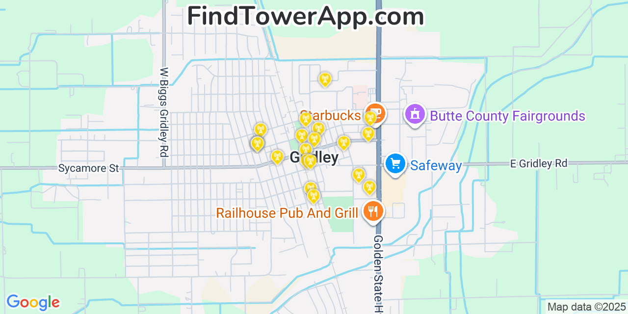 Map showing the 20 primary cell tower locations detected in Gridley, California from AT&T, Verizon, and T-Mobile networks