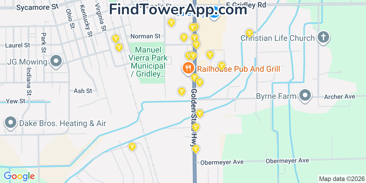 Map showing the 20 primary cell tower locations detected in Gridley, California from AT&T, Verizon, and T-Mobile networks