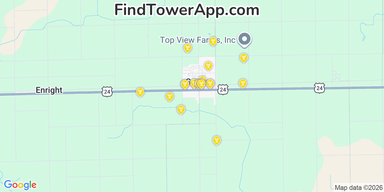 Map showing the 20 primary cell tower locations detected in Gridley, Illinois from AT&T, Verizon, and T-Mobile networks