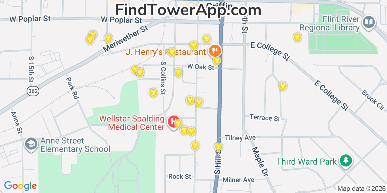 Map showing the 20 primary cell tower locations detected in Griffin, Georgia from AT&T, Verizon, and T-Mobile networks