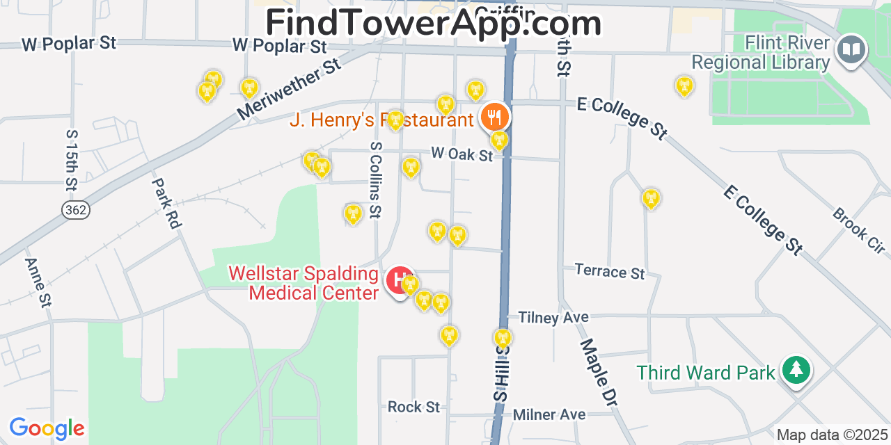 Map showing the 20 primary Mobitel cell tower locations detected in Griffin, Georgia with coverage radius and signal strength indicators