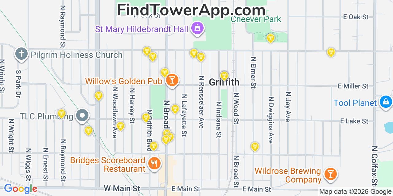 Map showing the 20 primary cell tower locations detected in Griffith, Indiana from AT&T, Verizon, and T-Mobile networks