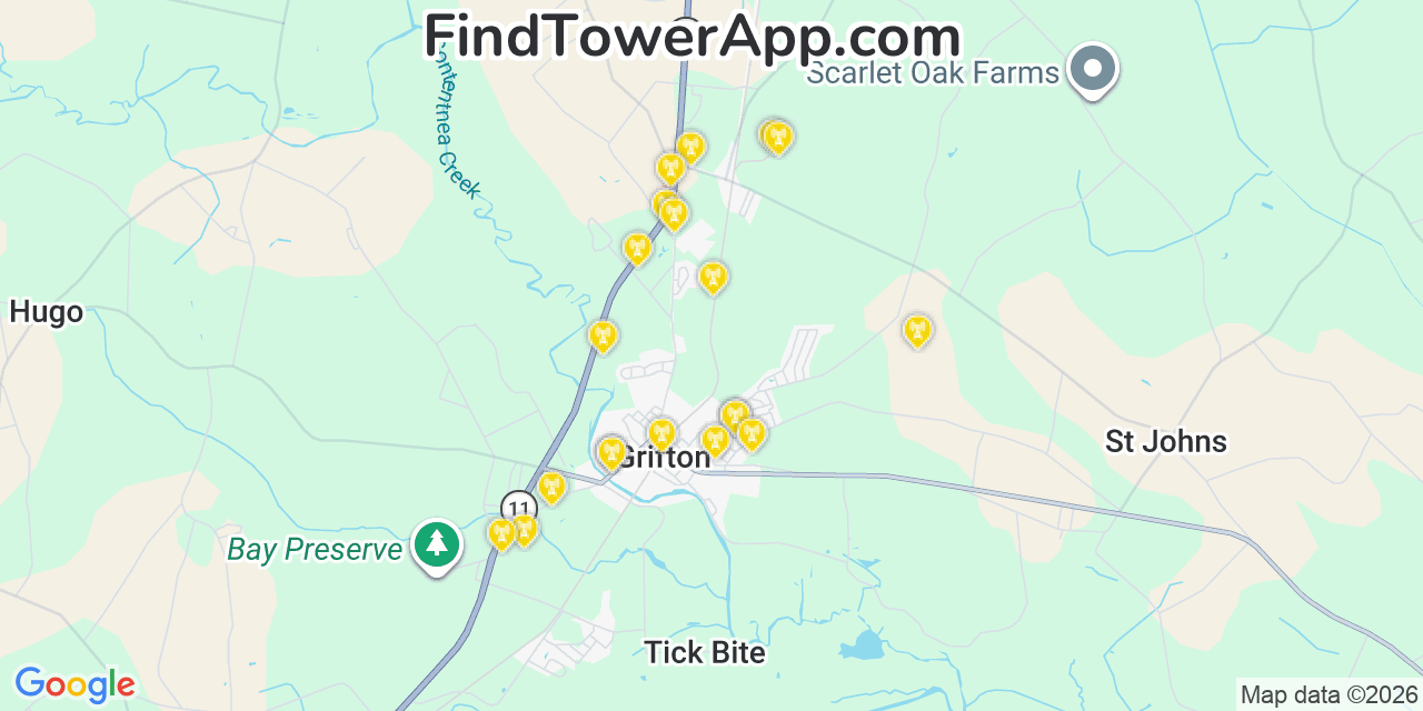 Map showing the 20 primary cell tower locations detected in Grifton, North Carolina from AT&T, Verizon, and T-Mobile networks