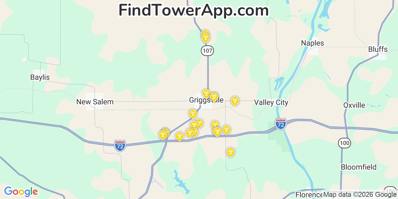 Map showing the 20 primary cell tower locations detected in Griggsville, Illinois from AT&T, Verizon, and T-Mobile networks