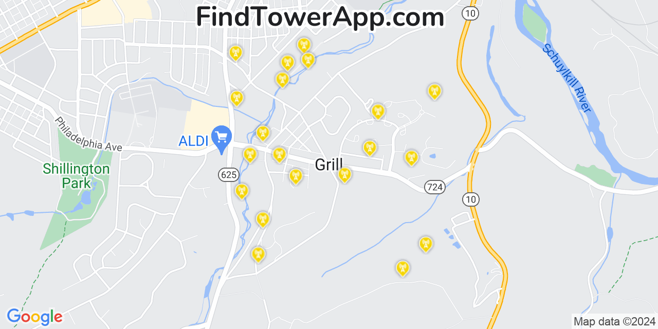 AT&T 4G/5G cell tower coverage map Grill, Pennsylvania