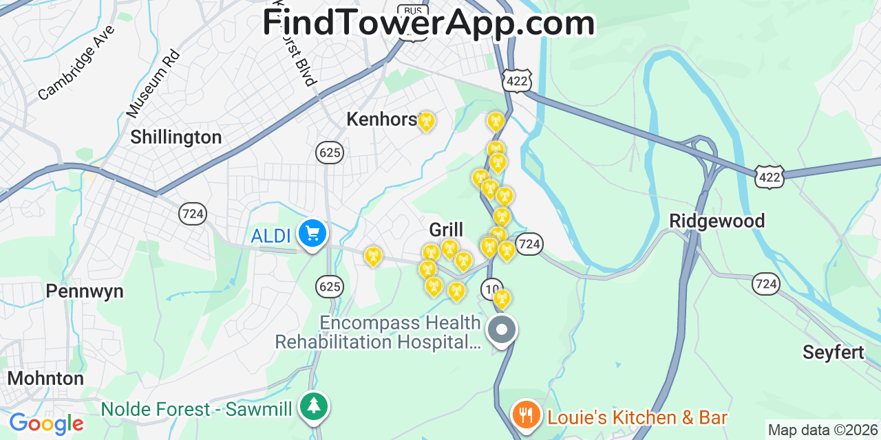Map showing the 20 primary cell tower locations detected in Grill, Pennsylvania from AT&T, Verizon, and T-Mobile networks