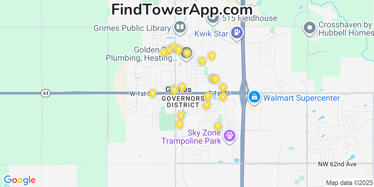 Map showing the 20 primary cell tower locations detected in Grimes, Iowa from AT&T, Verizon, and T-Mobile networks