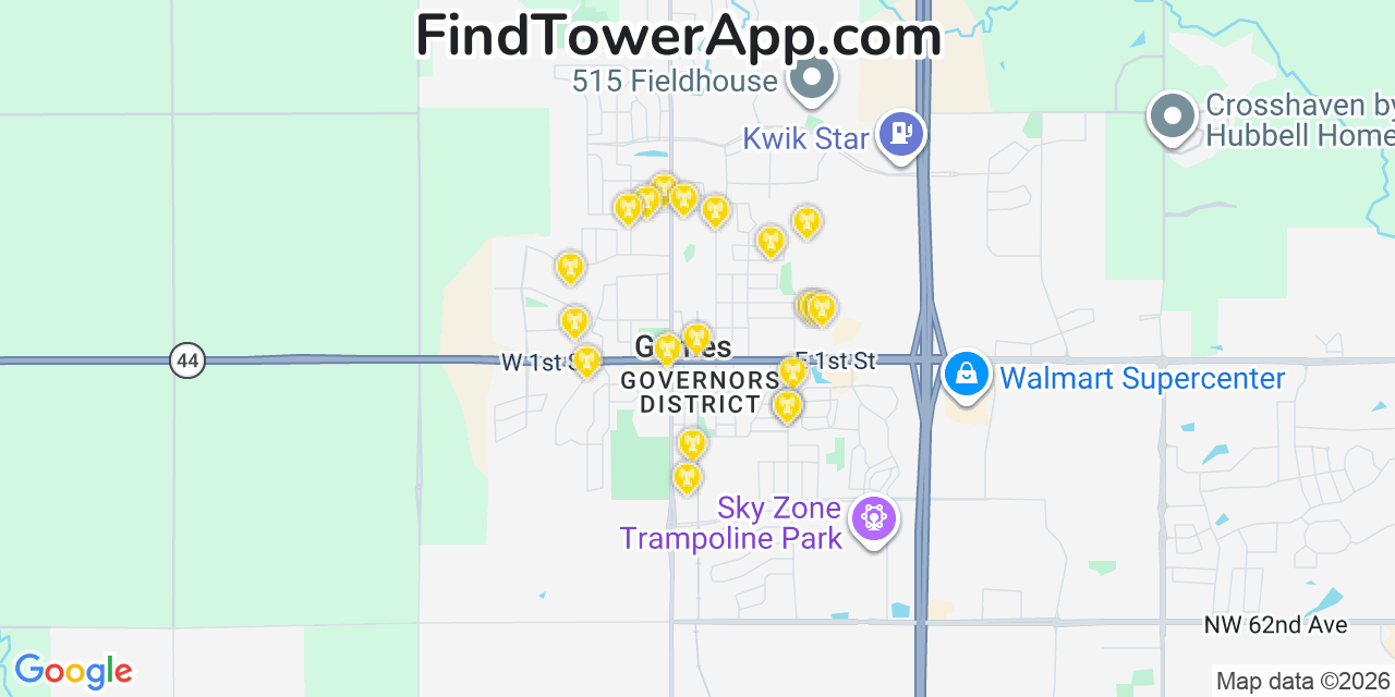 Map showing the 20 primary cell tower locations detected in Grimes, Iowa from AT&T, Verizon, and T-Mobile networks