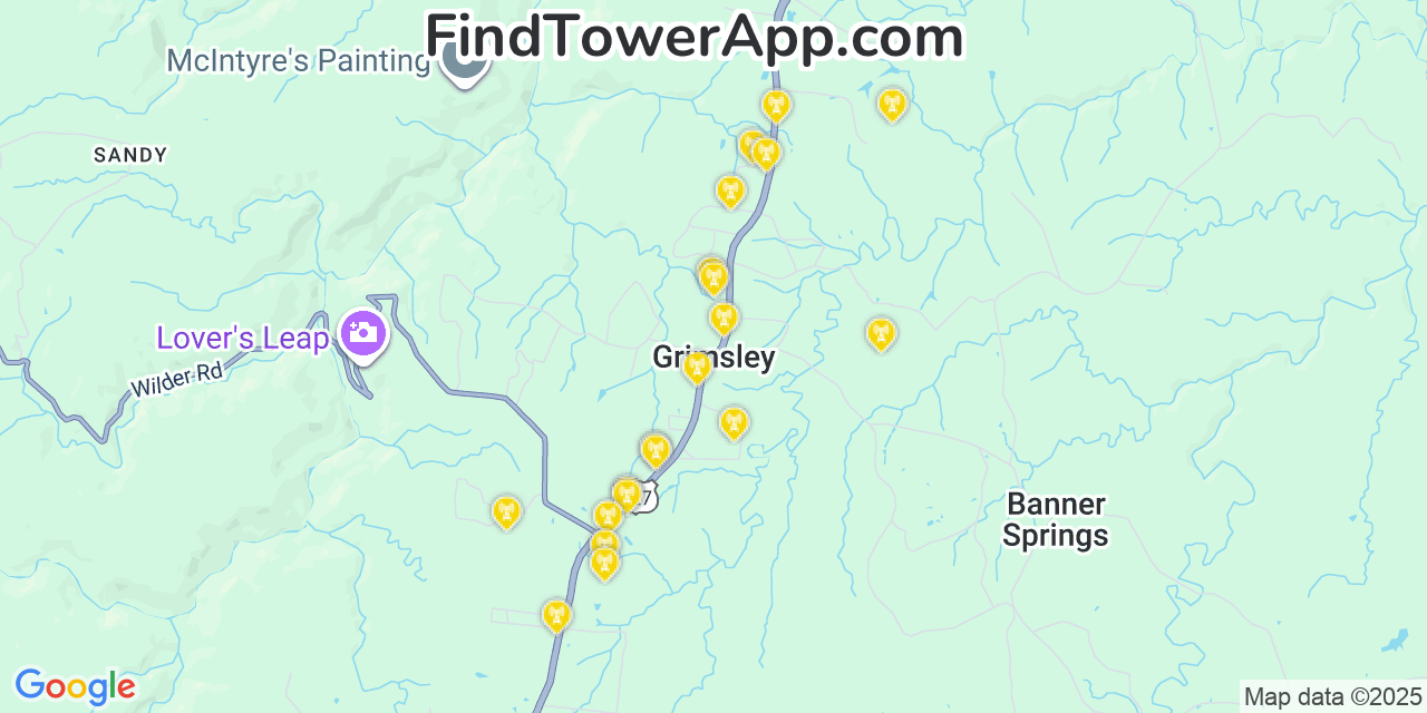 Map showing the 20 primary cell tower locations detected in Grimsley, Tennessee from AT&T, Verizon, and T-Mobile networks