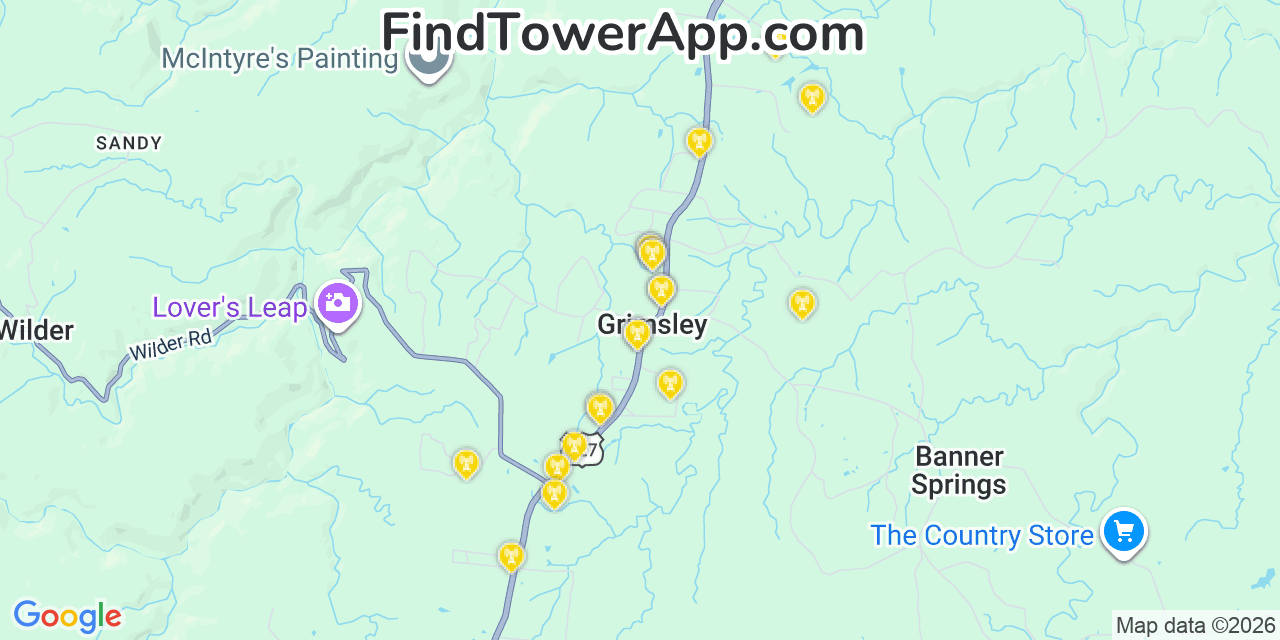 Map showing the 20 primary cell tower locations detected in Grimsley, Tennessee from AT&T, Verizon, and T-Mobile networks
