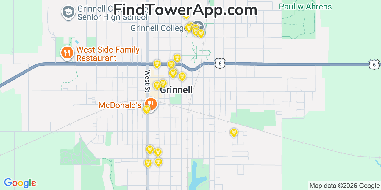 Map showing the 20 primary cell tower locations detected in Grinnell, Iowa from AT&T, Verizon, and T-Mobile networks