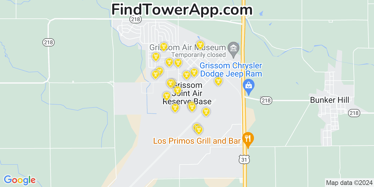 AT&T 4G/5G cell tower coverage map Grissom Air Force Base, Indiana