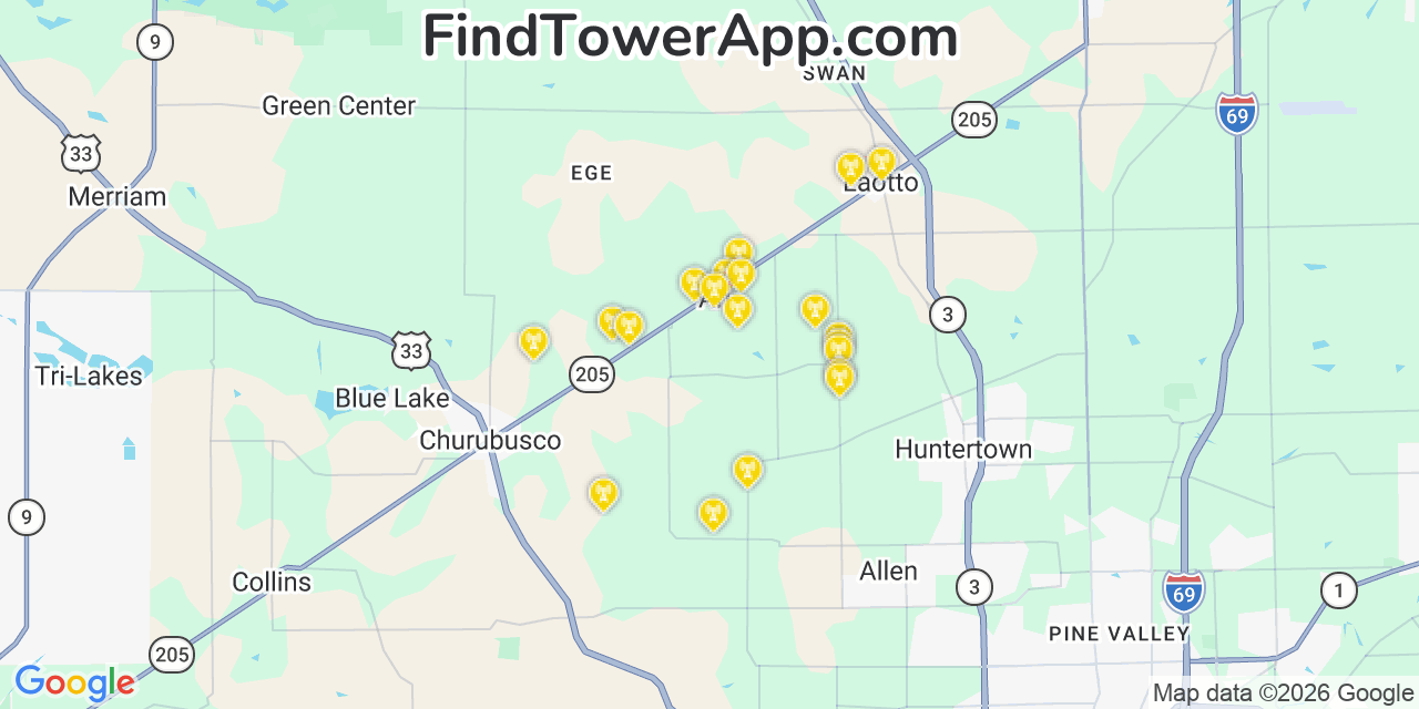 Map showing the 20 primary cell tower locations detected in Grissom Air Force Base, Indiana from AT&T, Verizon, and T-Mobile networks