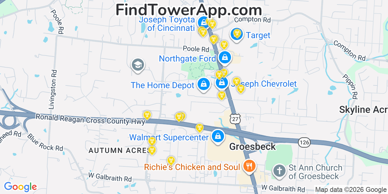 Map showing the 20 primary cell tower locations detected in Groesbeck, Ohio from AT&T, Verizon, and T-Mobile networks