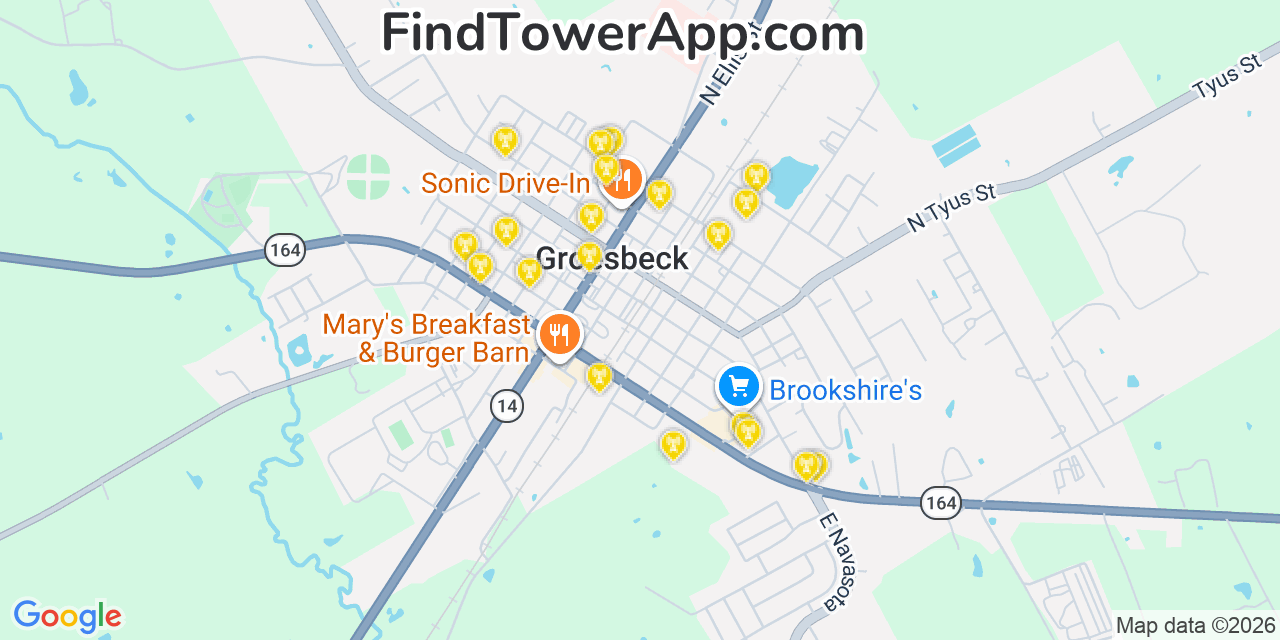 Map showing the 20 primary cell tower locations detected in Groesbeck, Texas from AT&T, Verizon, and T-Mobile networks