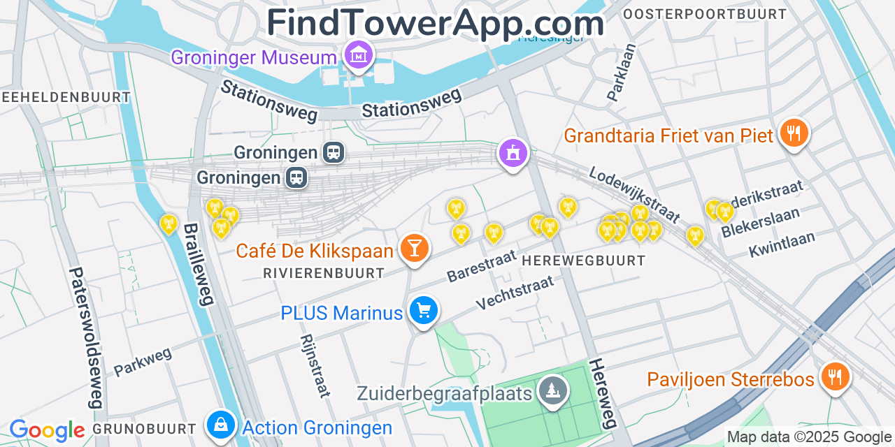 Map showing the 20 primary cell tower locations detected in Groningen, Netherlands with coverage areas and signal strength