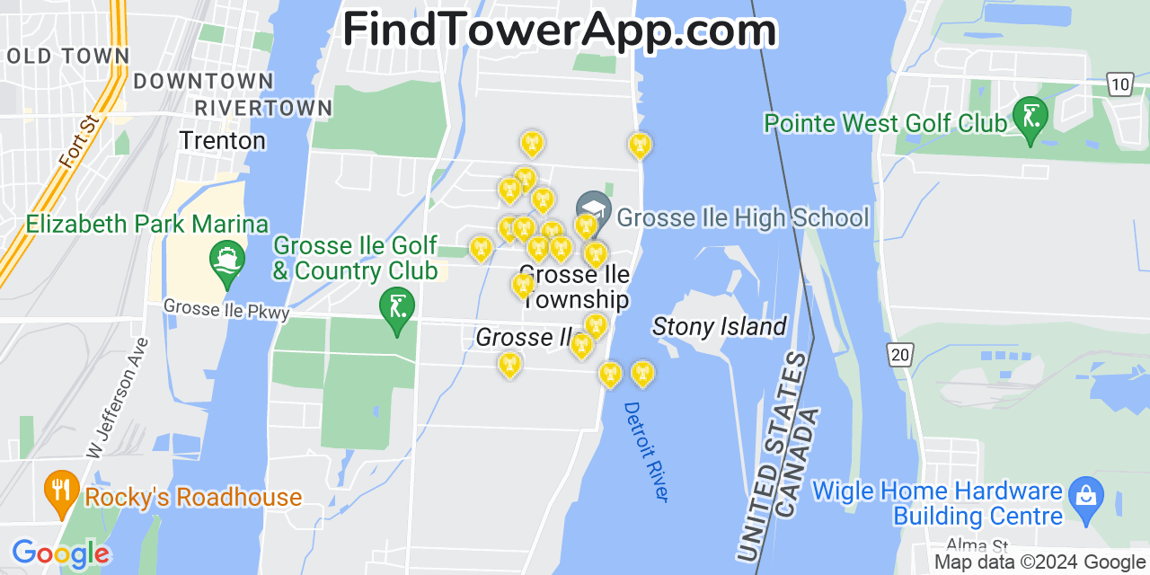 AT&T 4G/5G cell tower coverage map Grosse Ile, Michigan