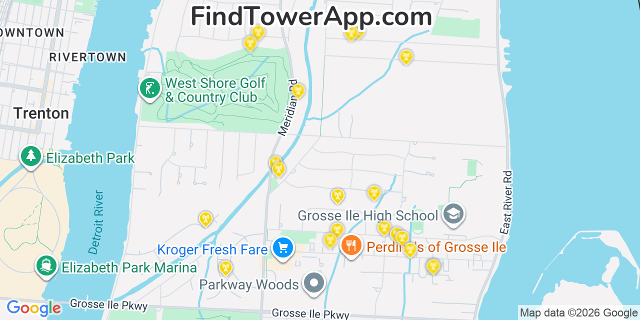 Map showing the 20 primary cell tower locations detected in Grosse Ile, Michigan from AT&T, Verizon, and T-Mobile networks