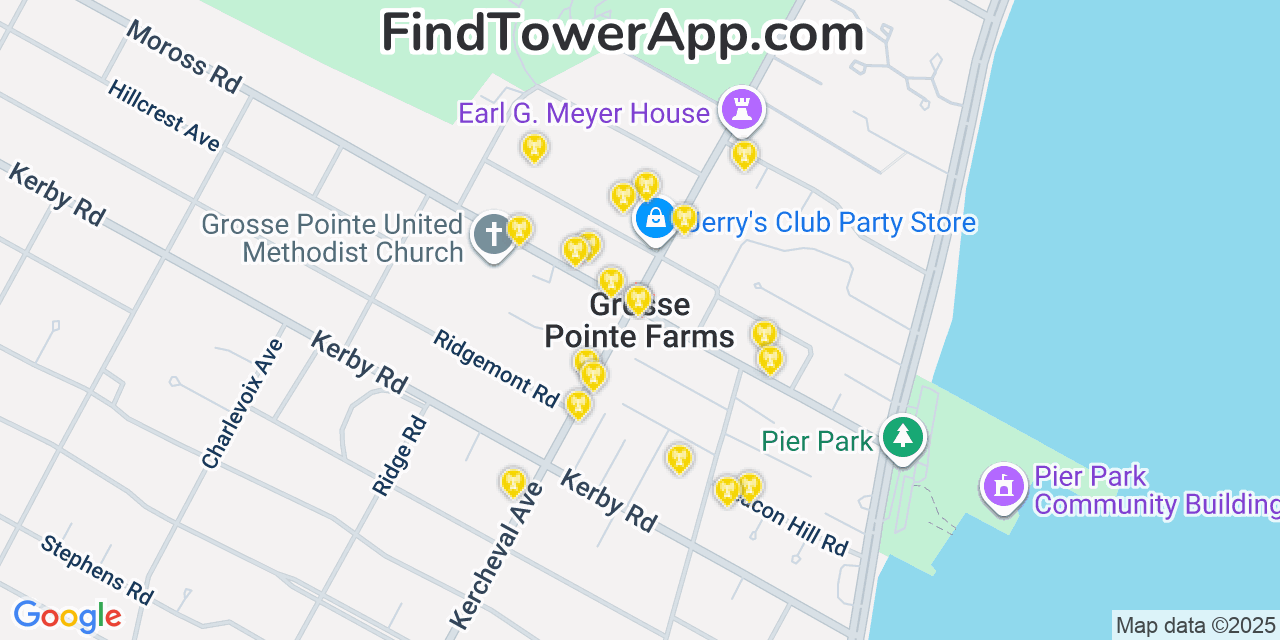Map showing the 20 primary cell tower locations detected in Grosse Pointe Farms, Michigan from AT&T, Verizon, and T-Mobile networks