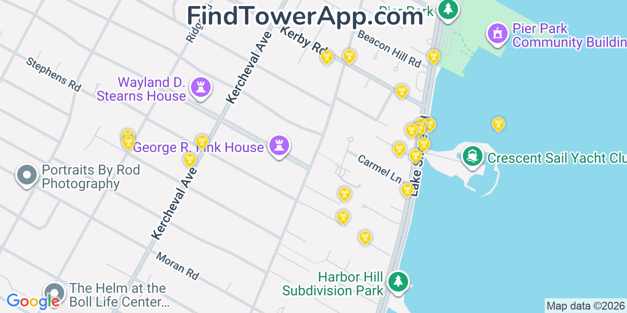 Map showing the 20 primary cell tower locations detected in Grosse Pointe Farms, Michigan from AT&T, Verizon, and T-Mobile networks