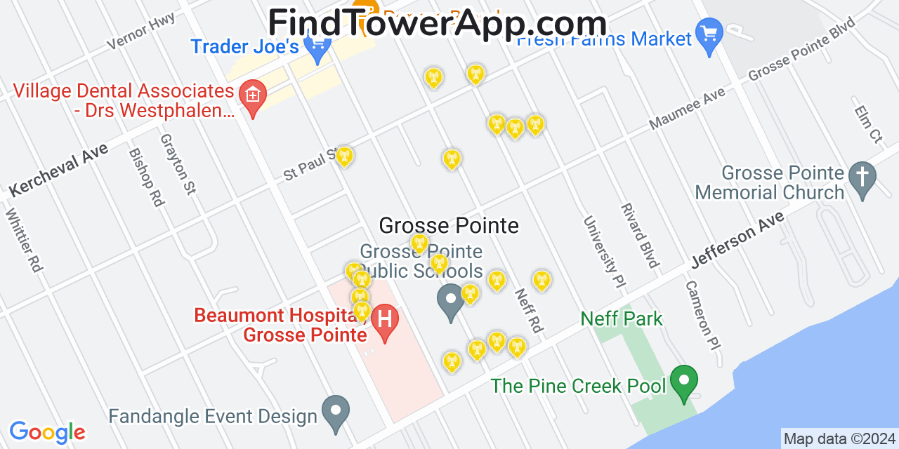 AT&T 4G/5G cell tower coverage map Grosse Pointe, Michigan