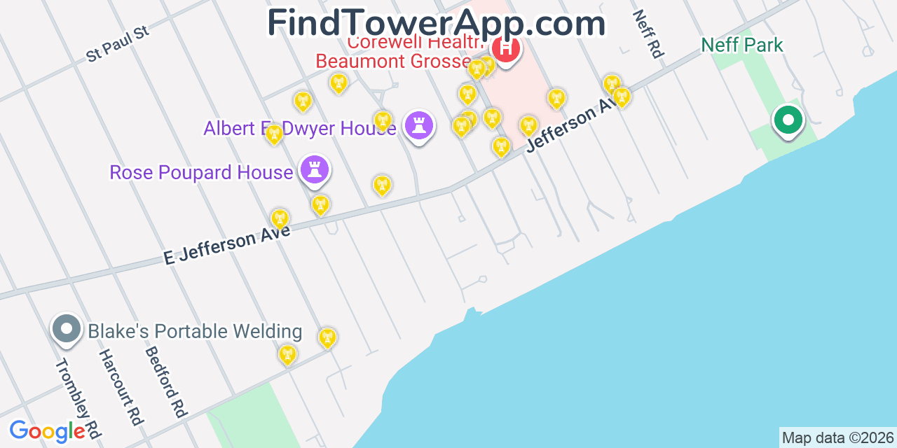 Map showing the 20 primary cell tower locations detected in Grosse Pointe, Michigan from AT&T, Verizon, and T-Mobile networks