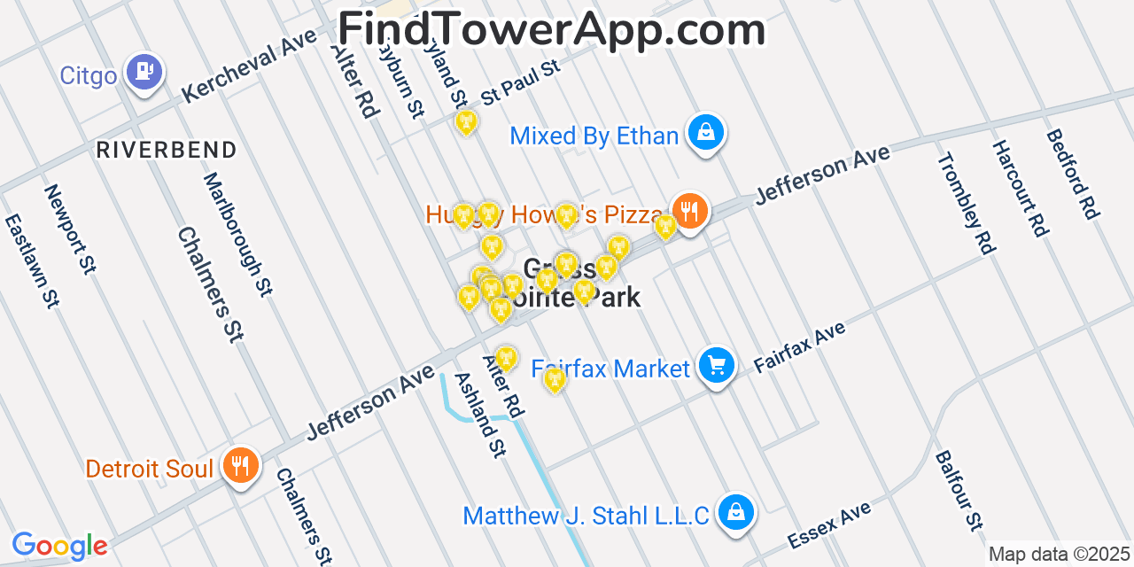 Map showing the 20 primary cell tower locations detected in Grosse Pointe Park, Michigan from AT&T, Verizon, and T-Mobile networks